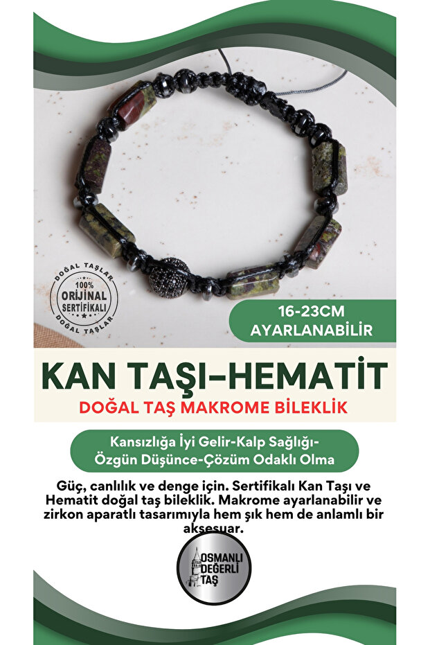 Certified Dragon Jasper-Hematite Natural Stone Macrame Adjustable Bracelet with Zircon Apparatus
