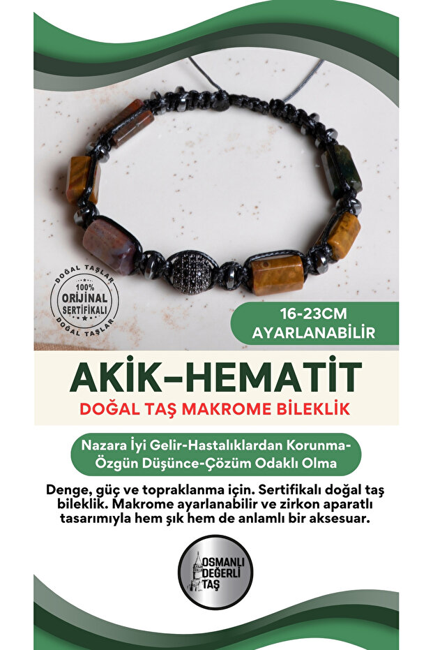 Certified Agate-Hematite Natural Stone Macrame Adjustable Bracelet with Zircon Apparatus No:2