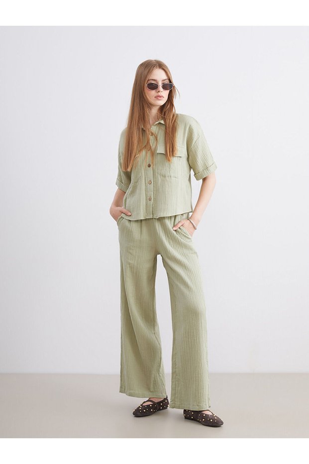 Green Textured Muslin Women's Trousers with Elastic Waist