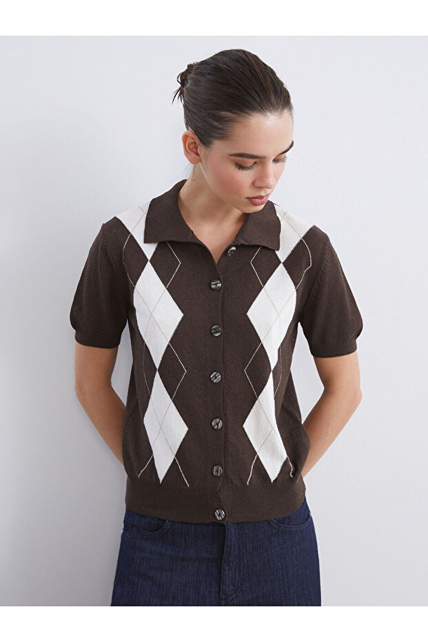 Polo Neck Diamond Patterned Women's Knitwear Cardigan