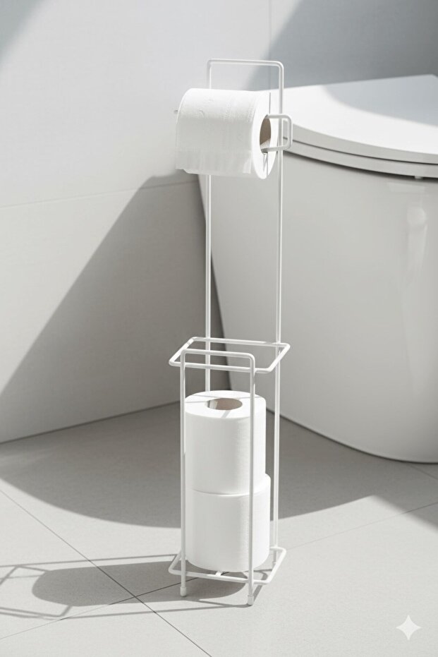 Beyaz Ayaklı Kare Tuvalet Kağıtlığı, Yedek Rulo Hazneli, Paslanmaya Dayanıklı WC Kağıtlık, 13cm x 65 - 6