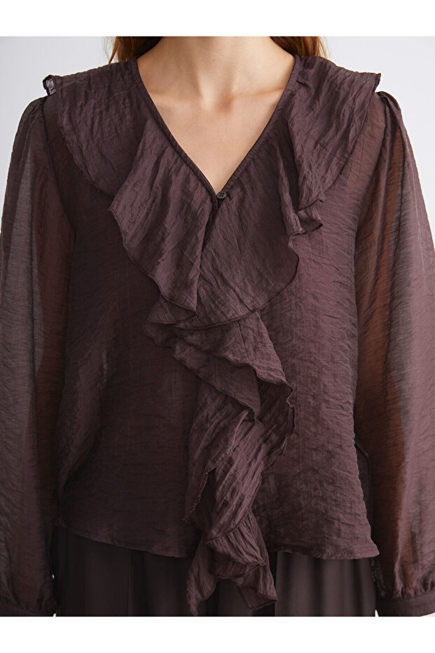V Yaka Fırfırlı Şifon Bluz - 3