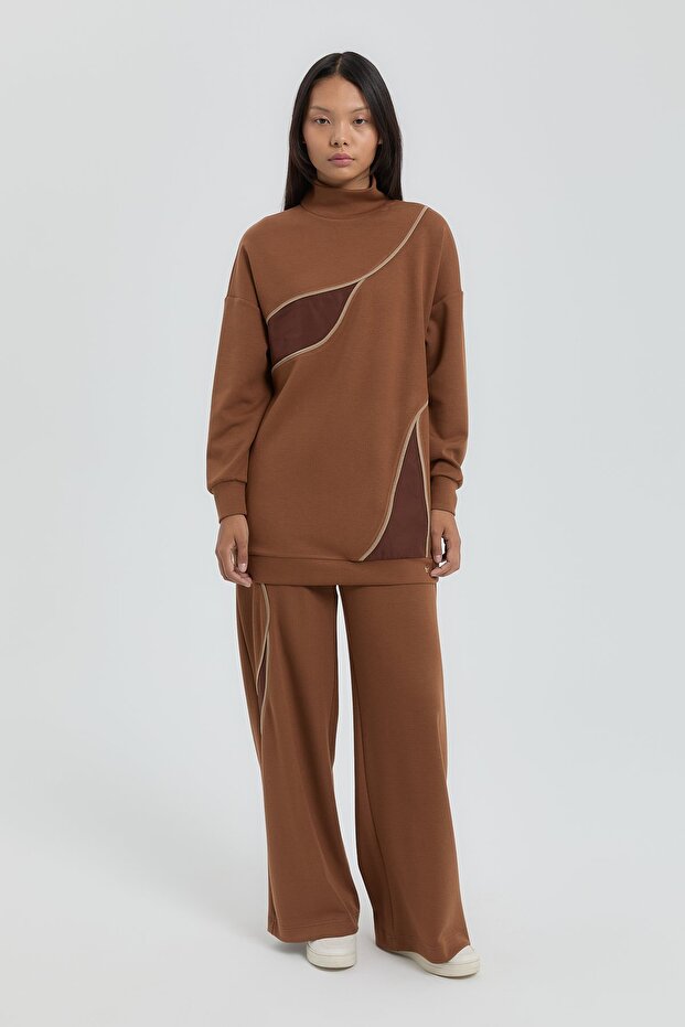 Knitted Garnished Trousers Tunic Set Light Brown
