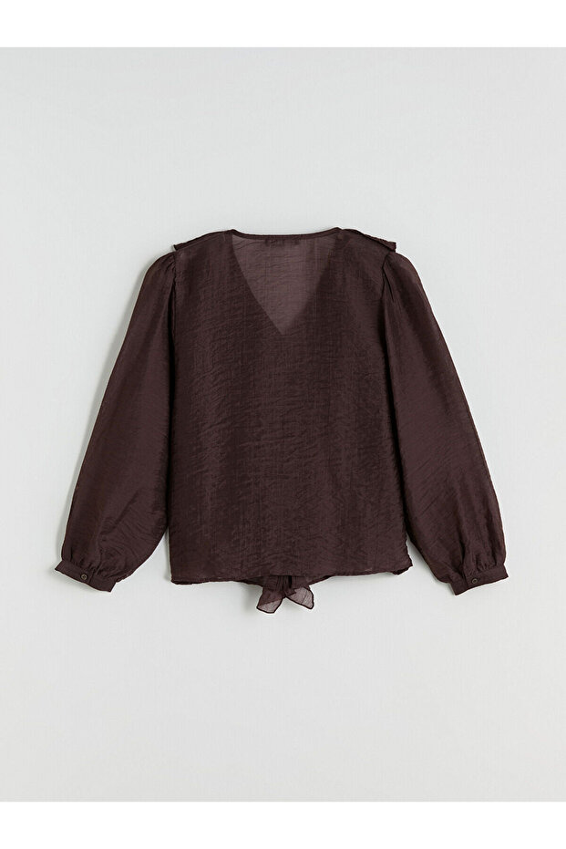 V Yaka Fırfırlı Şifon Bluz - 6