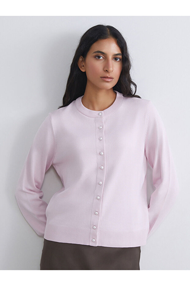 Pembe Bisiklet Yaka Kadın Triko Hırka - 1