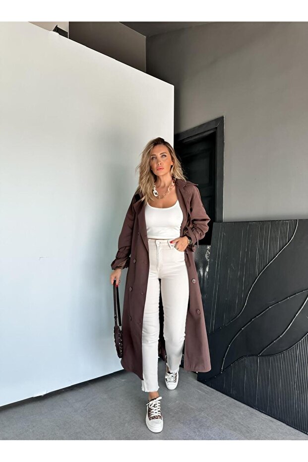 Kahve Astarlı Kemerli Trençkot - 8