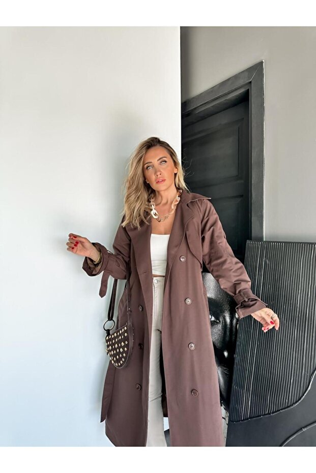 Kahve Astarlı Kemerli Trençkot - 2