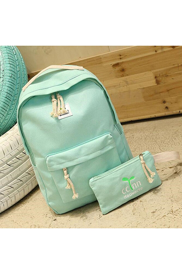 حقيبة ظهر خضراء مع أحزمة قابلة للتعديل وحقيبة - 2