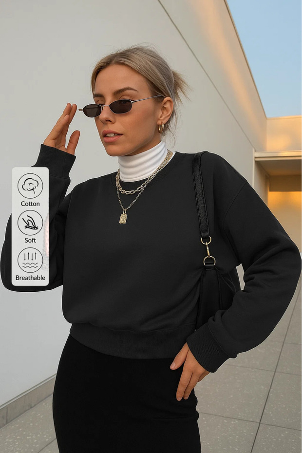 Kadın Basic Oversize Kışlık Siyah Sweatshirt - 1