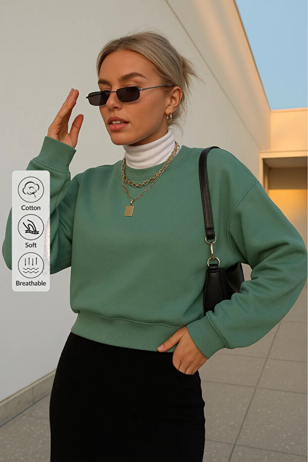 Kadın Basic Oversize Kışlık Yeşil Sweatshirt - 1