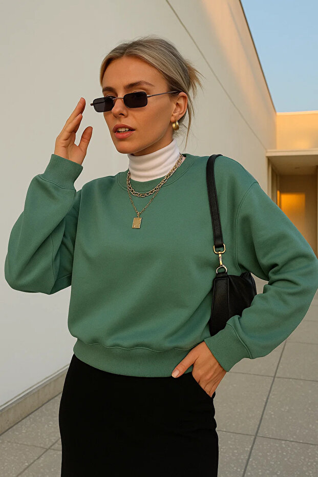 Kadın Basic Oversize Kışlık Yeşil Sweatshirt - 5