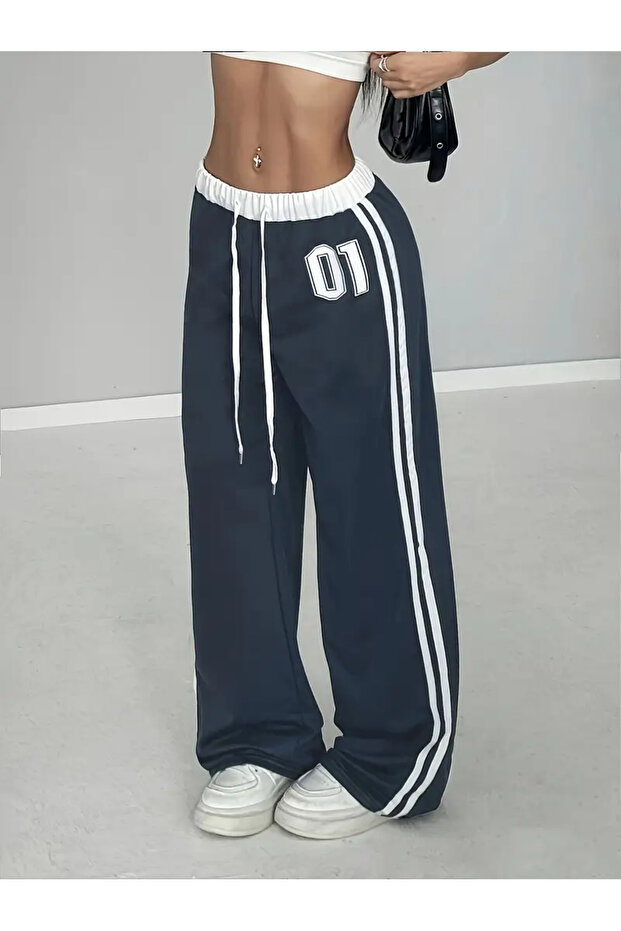 01 Number Oversize Bel İp Detaylı Lacivert Baggy Eşofman Altı - 1