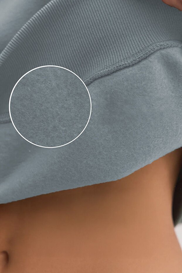 Kadın Basic Oversize Kışlık Mavi Sweatshirt - 4