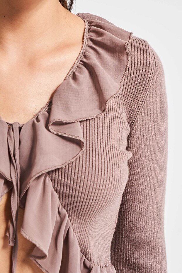 Kadın Taş Kahve Renk w5-82 BT25 Triko Örme Kumaş Şifon Detaylı Volanlı Hırka Bluz - 5