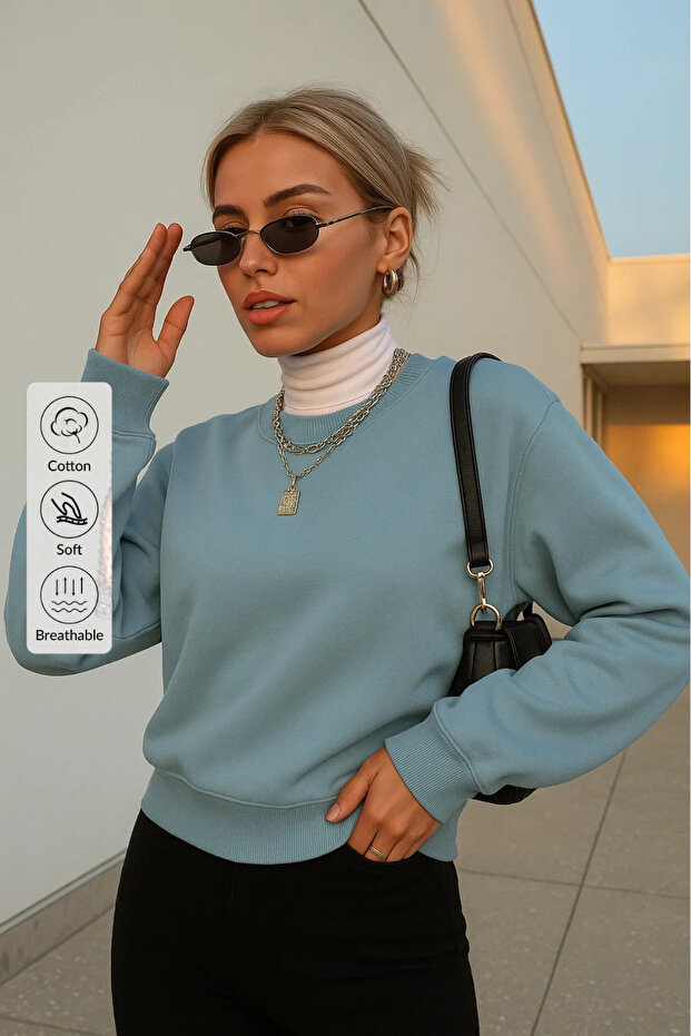 Kadın Basic Oversize Kışlık Mavi Sweatshirt - 1