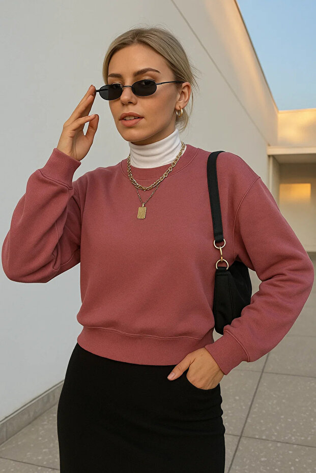 Kadın Basic Oversize Gül Kurusu Sweatshirt - 3