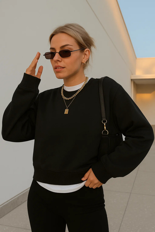Kadın Basic Oversize Kışlık Siyah Sweatshirt - 5