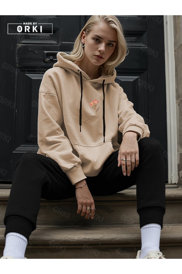Women's Beige Oversize Hooded Sweatshirt Hoodie – Floral Digital Print