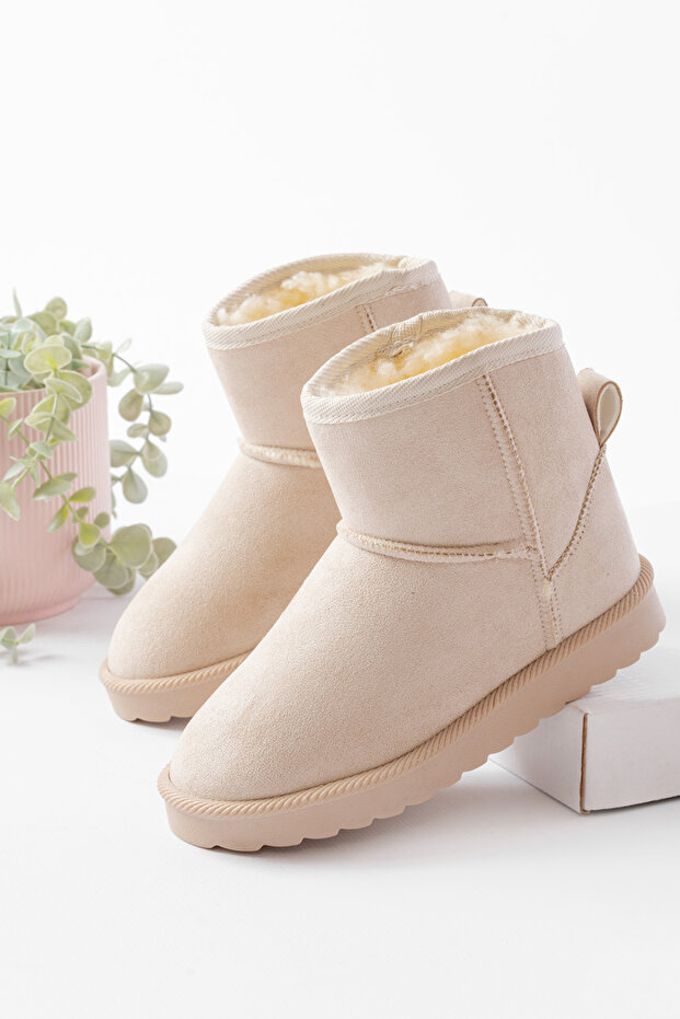 Beige Suede Fur Lined Orthopedic Non-Slip Sole Children's Winter Boots