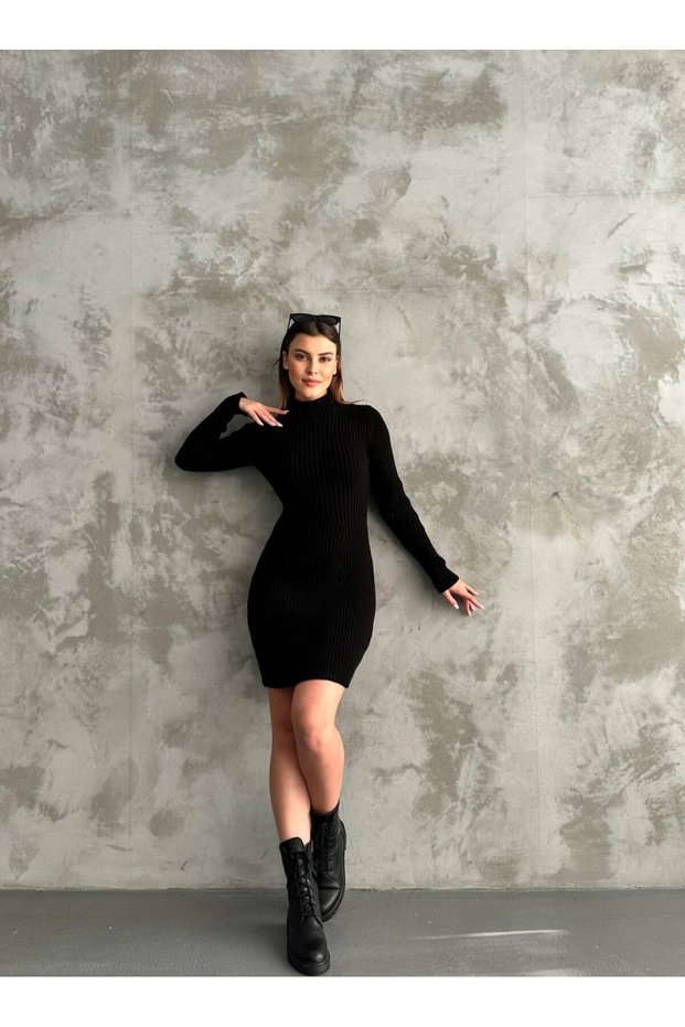 Women's Ribbed Turtleneck Knit Fabric Midi Dress