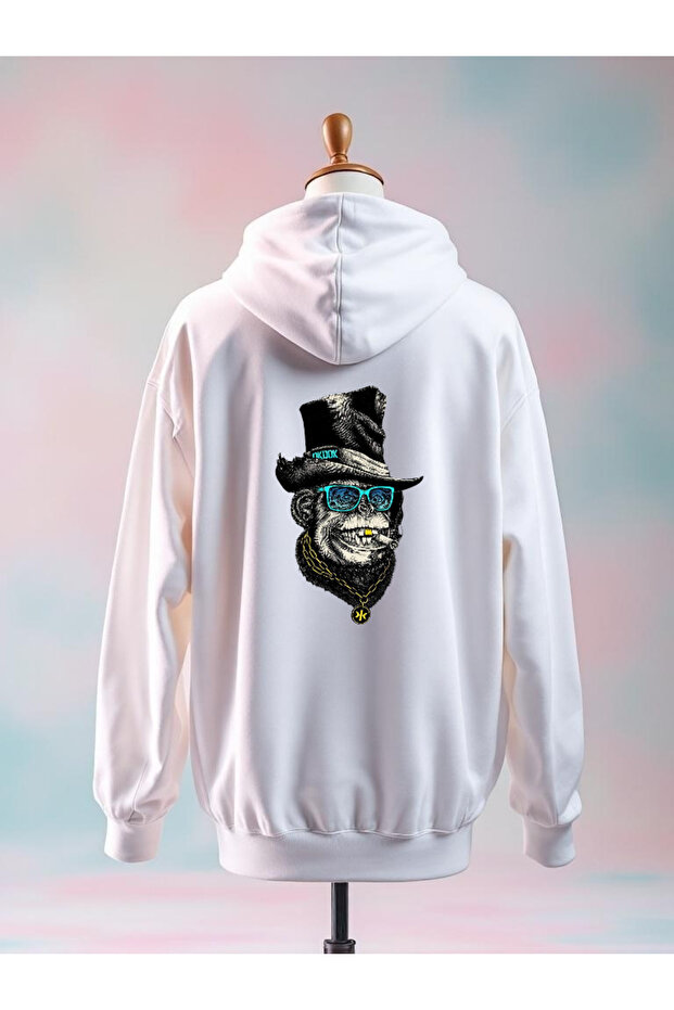 Printed Cotton 3 Thread Oversized White Sweatshirt