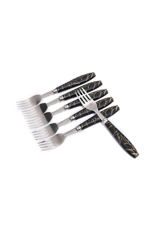 Stainless Steel Table Fork 6PCS – Marble Style Black PP Handle, Durable Kitchen Cutlery,BB3228