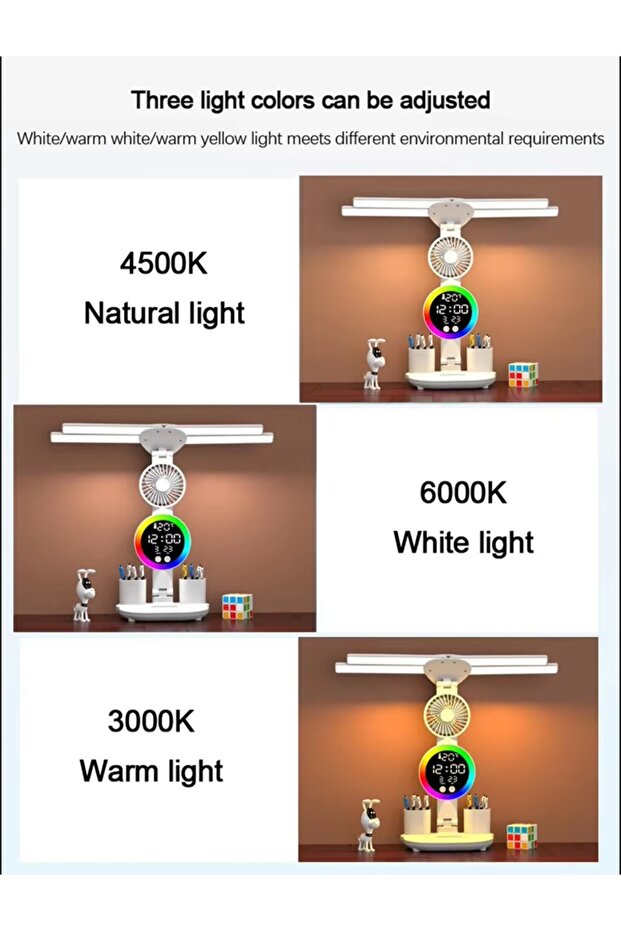 ÇOK FONKSİYOKLU MASA LAMBASI RGB LED IŞIKLI SAAT TAKVİM DERECE VANTİLATÖR KALEMLİK - 5
