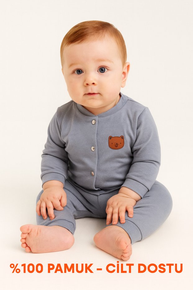 Baby 2-Piece Set – 100% Cotton, Bear Embroidery, Cream / Blue / Pink – 3-18 Months