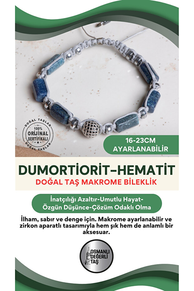 Certified Dumortierite-Hematite Natural Stone Macrame Adjustable Bracelet with Zircon Apparatus