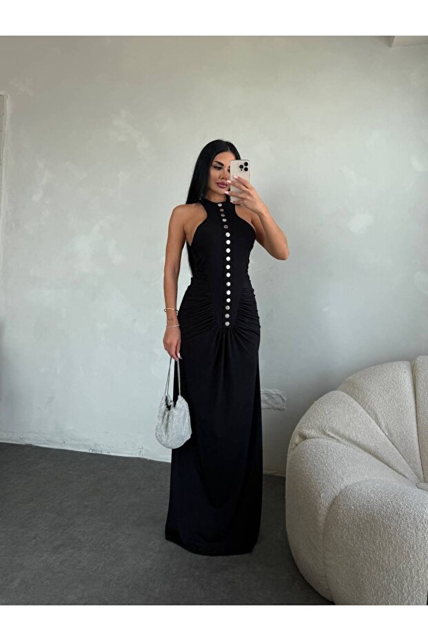 Silver Button Detailed Long Dress