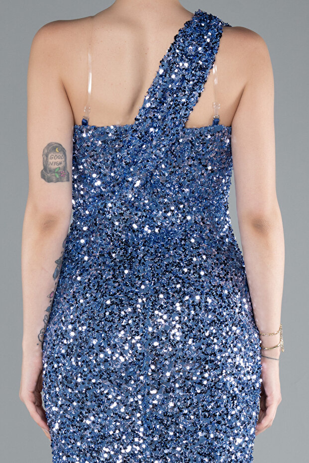 İndigo Tek Omuz Uzun Pullu Balık Abiye Elbise ABU4915 - 4