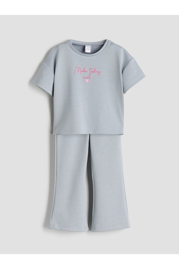 Özmarka New Season Crew Neck Printed Girls' T-Shirt and Pants 2-Piece Set
