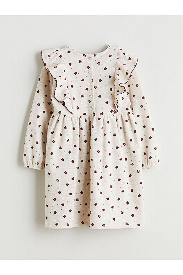 Ekru Bisiklet Yaka Çiçekli Kız Çocuk Elbise - 3