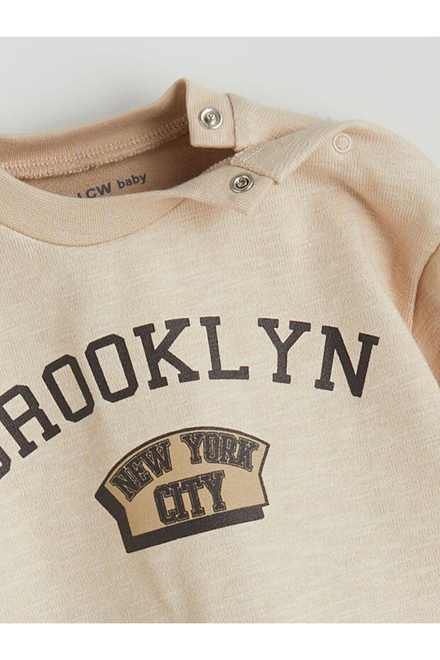 Bej Bisiklet Yaka Erkek Bebek Sweatshirt ve Eşofman Alt 2'li - 3