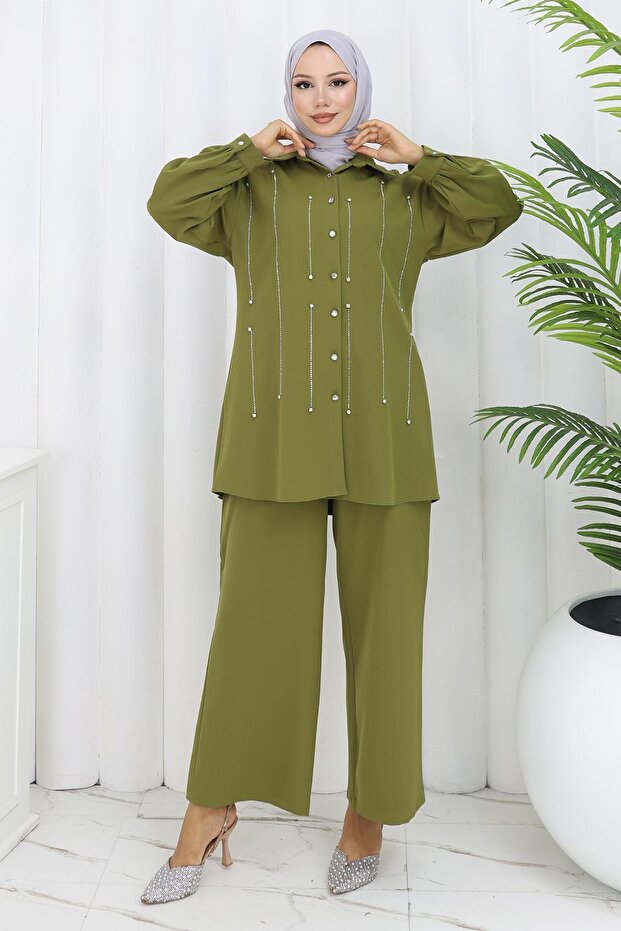 Stone Detailed Suit Khaki 19266