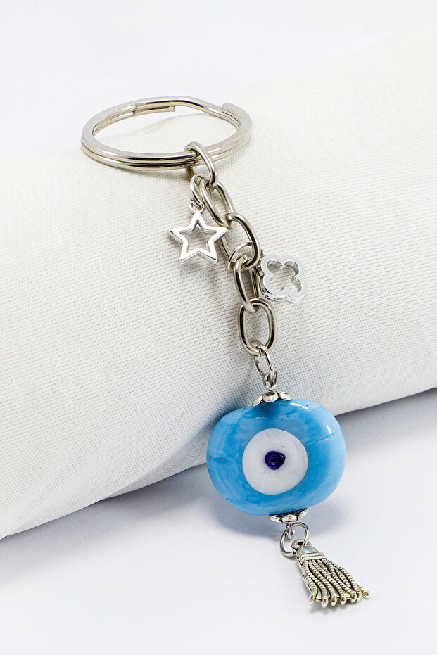 Silver Ring Tassel Blue Cow Eye Keychain, Gift Bag Ornament