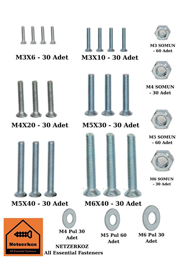 640 adet YHB Metrik Vida Somun Pul Seti - (M5,M6) Mobilya Kulp Vidası, Somun, Metal Vida Pulu - 1