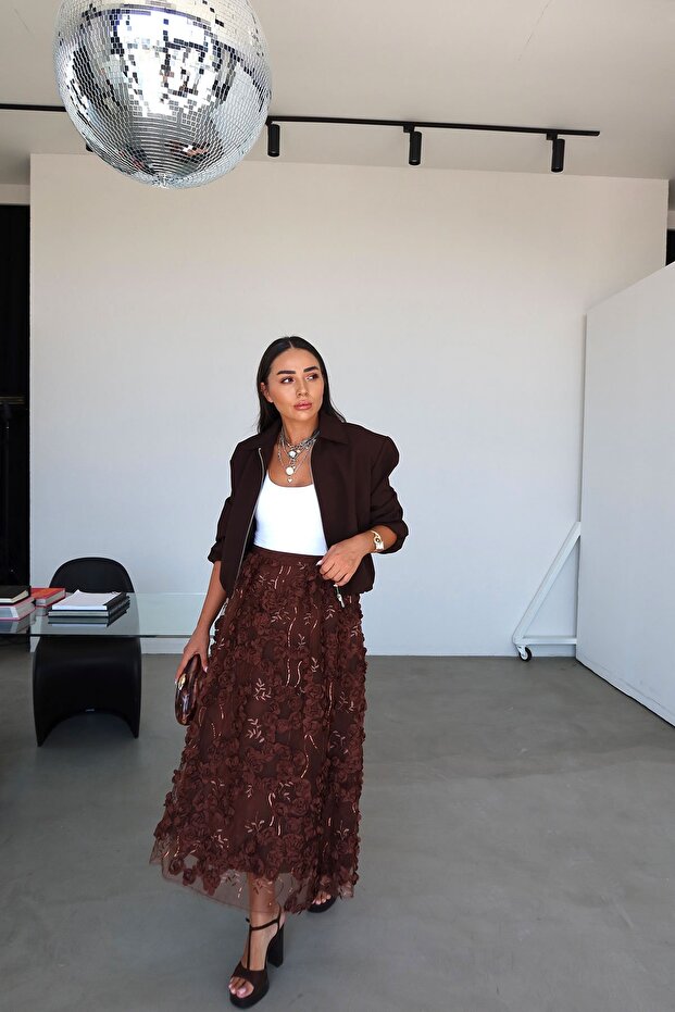 Çiçek Kabartmalı Pullu Premium Etek - 2