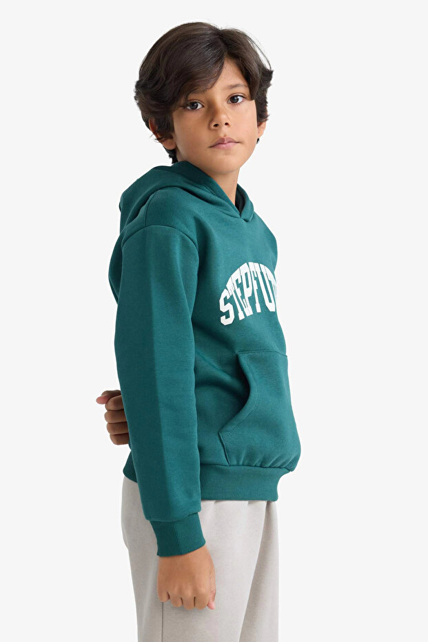 D3033 Green Boy's Hooded Sweatshirt with Soft Furry Inside and Printed Pattern - 3
