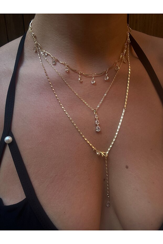 Damla Taş Üçlü Zincir Zirkon Kolye Set - 1