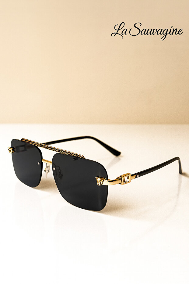 Luxury Black Glass Gold Chain Detailed Unisex Sunglasses
