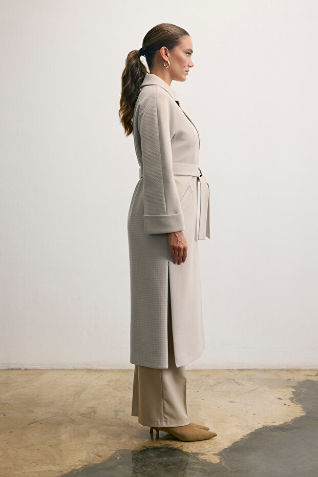 Belted Double-Breasted Long Stone-Colored Coat - 2