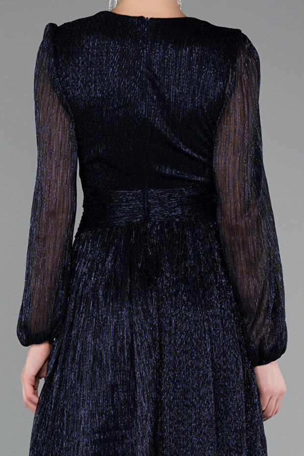 Lacivert Uzun Kol Kruvaze Yaka Simli Kısa Davet Elbisesi ABK2376 - 4