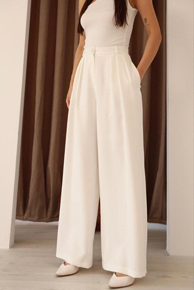 Women's White Pleated High Waist Palazzo Pants