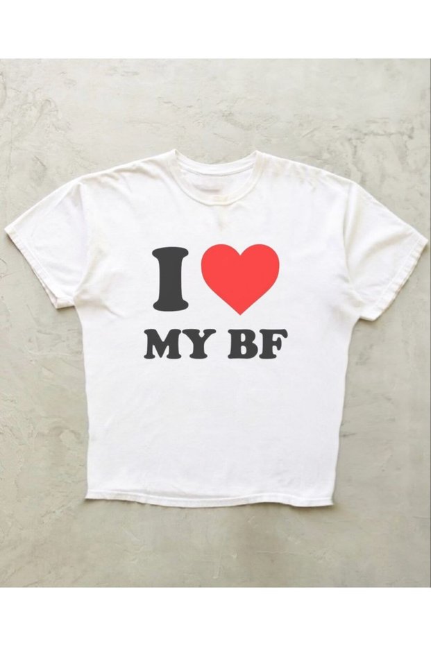 I Love My Boyfriend White Overfit Molded Lycra Stretchy Y2K Pinterest Baby Tee Crop Top