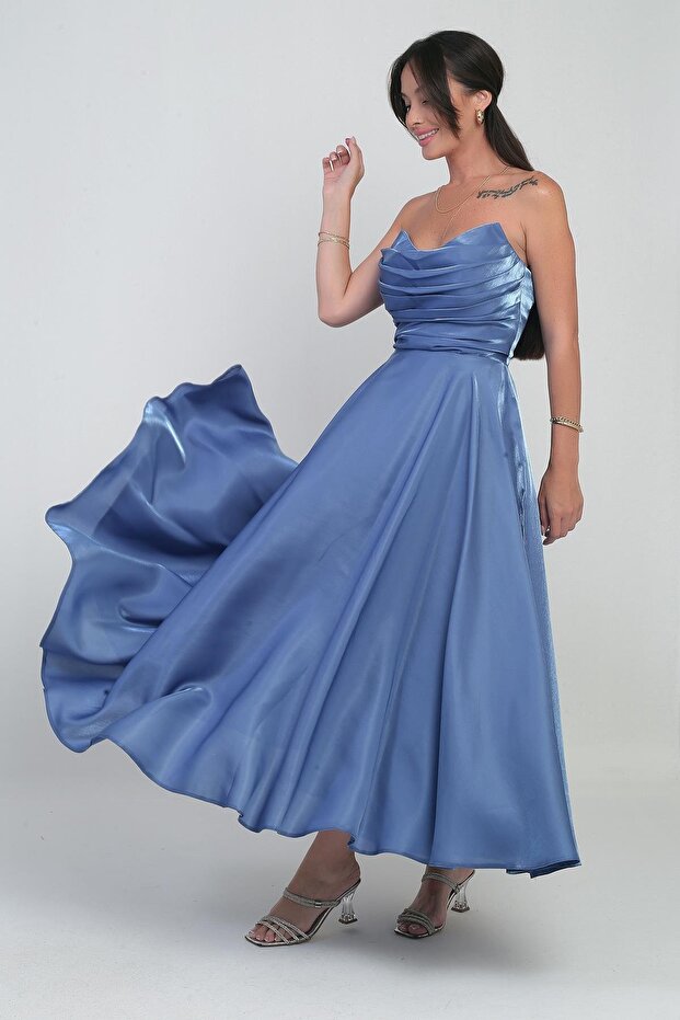 Women's Degaje Strapless Neckline Lined Organza Satin Midi Dress
