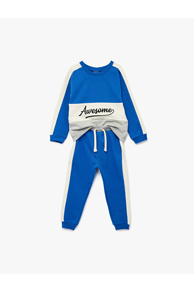Cotton Ribbed Printed Color Block 2-Piece Tracksuit Set