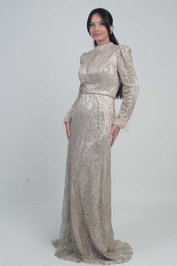 Women's Long Dress with Feather Sleeves, Beaded and Sequined Lining, Tulle