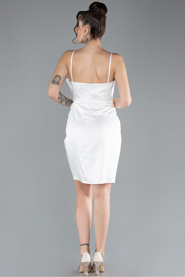 Ekru Askılı Mini Saten Davet Elbisesi ABK2441 - 2