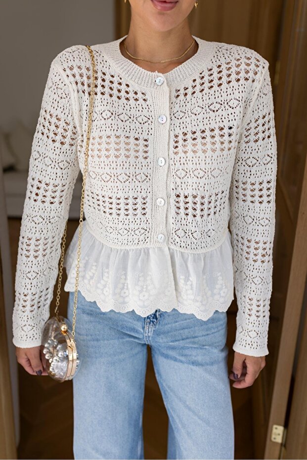 Women's Cream Brode Detailed Ruffled Openwork Cardigan Bohemian Style